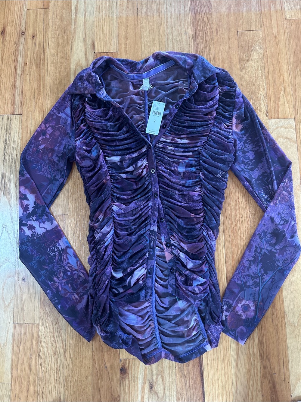 Anthropologie Purple Floral Ruched Button-Front Blouse